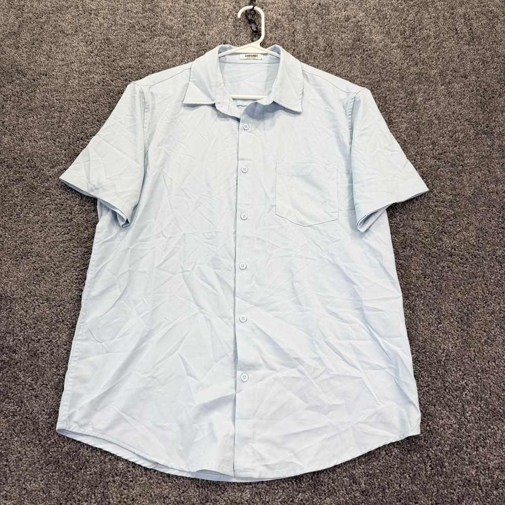 Coofandy Shirt Mens Medium Blue Short Sleeve Button Up Stretch Pocket Casual